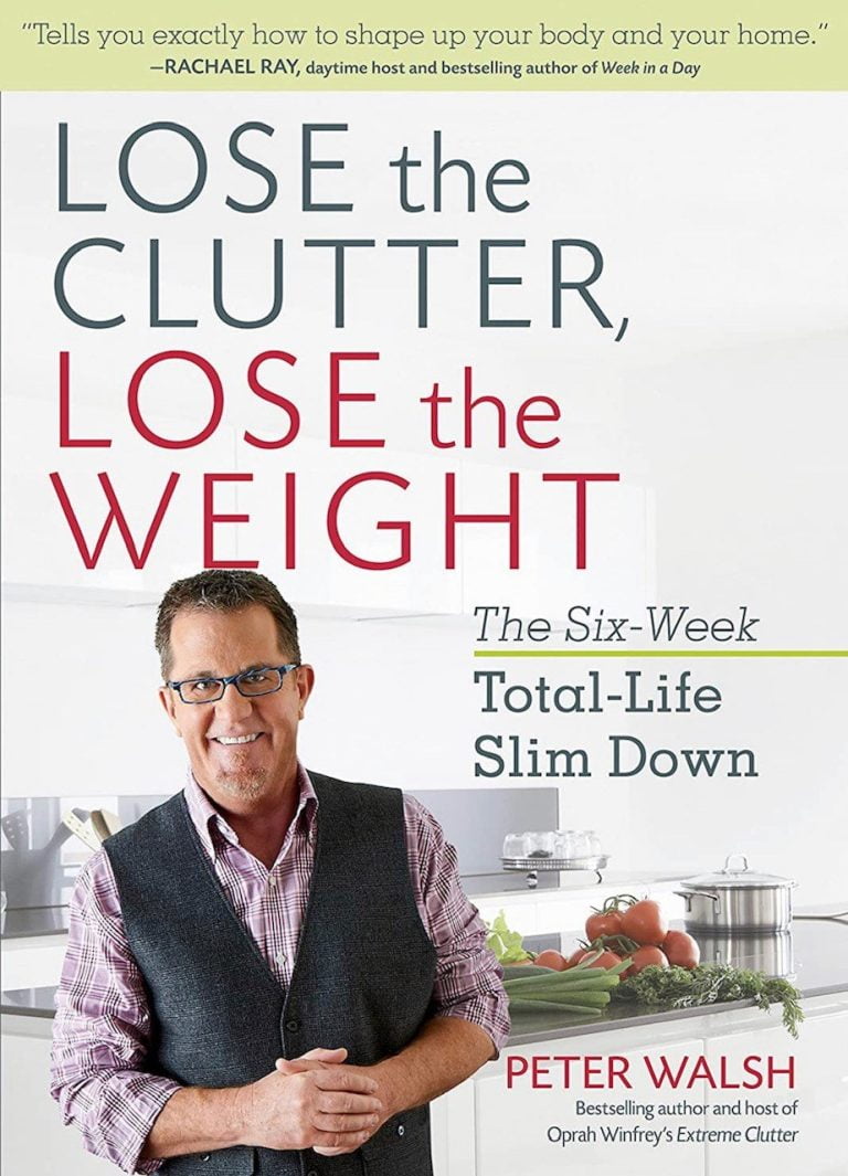 Book cover of "Lose the Clutter, Lose the Weight" by Peter Walsh. The cover features Peter Walsh in a kitchen setting with fresh vegetables and the subtitle "The Six-Week Total-Life Slim Down."