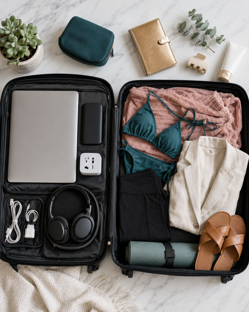 An open suitcase neatly organized with a digital nomad packing list for women, featuring a laptop, noise-canceling headphones, a universal power adapter, a teal bikini, a linen blazer, and a rolled yoga mat.