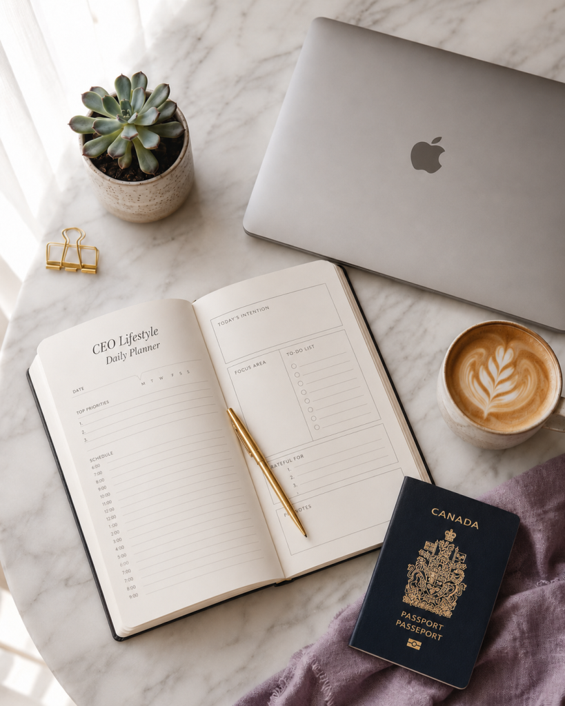 Flat lay of work and travel organization essentials on a marble table, featuring a Canadian passport, an open CEO lifestyle planner with a gold pen, a laptop, and a latte.