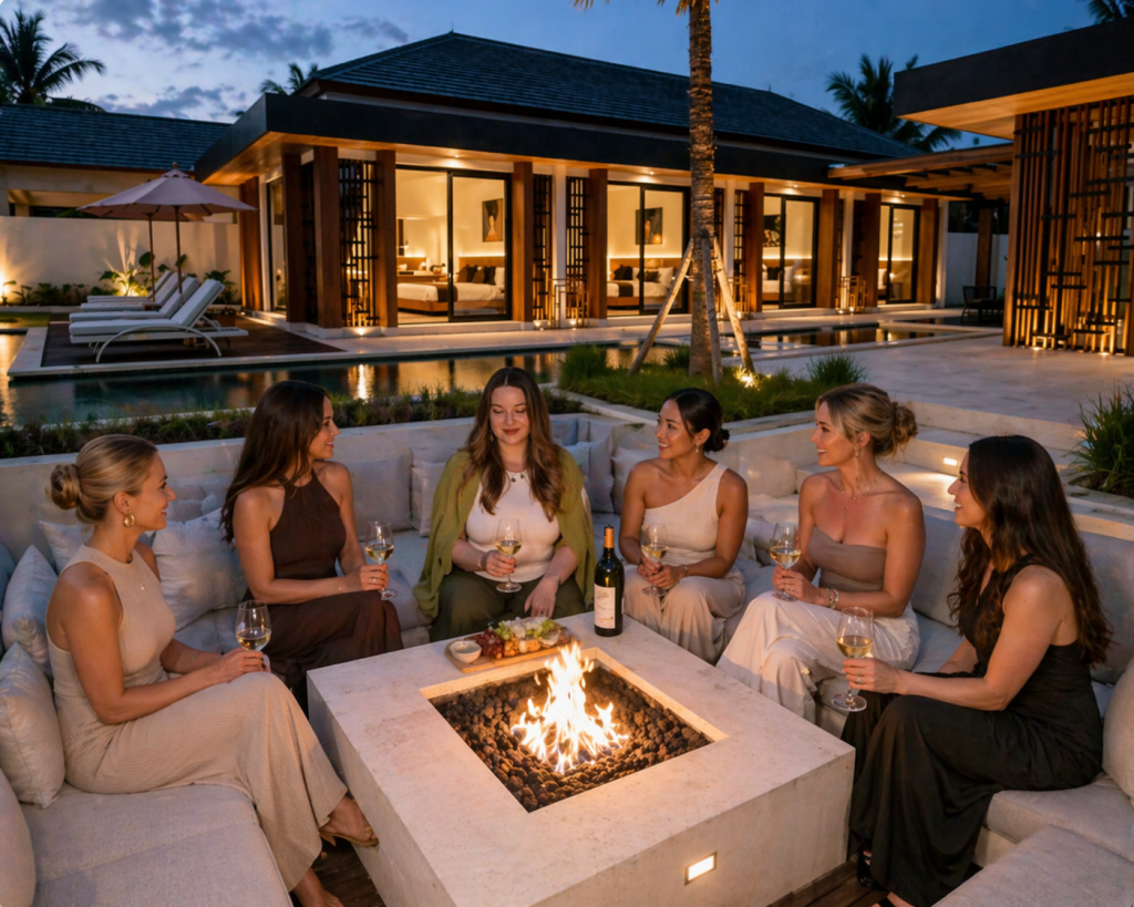 Group of women entrepreneurs gathered around a fire table at a luxury Bali villa, enjoying conversation and connection in the evening