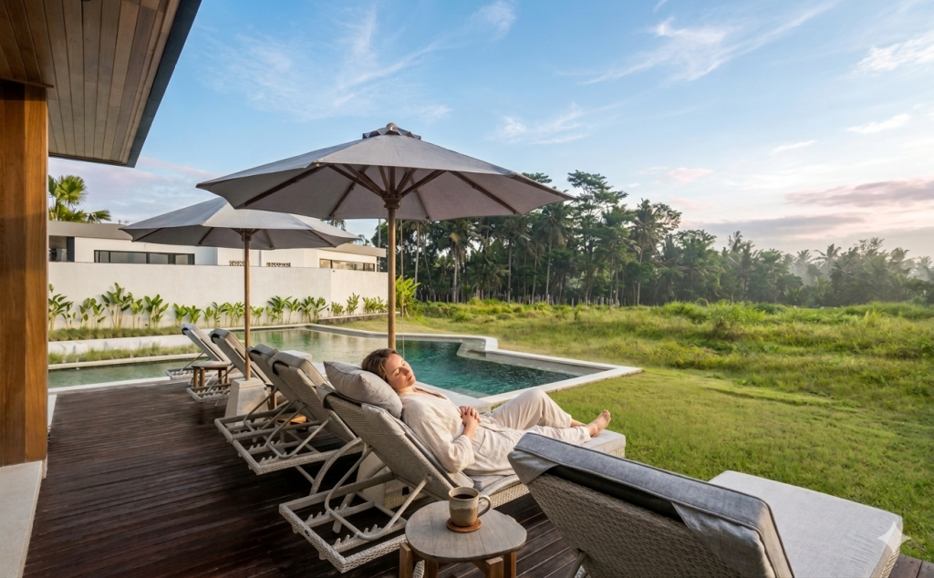 A woman in a white robe relaxes on a chaise lounge on a modern villa's wooden deck, overlooking a swimming pool and vast green field in soft morning light.