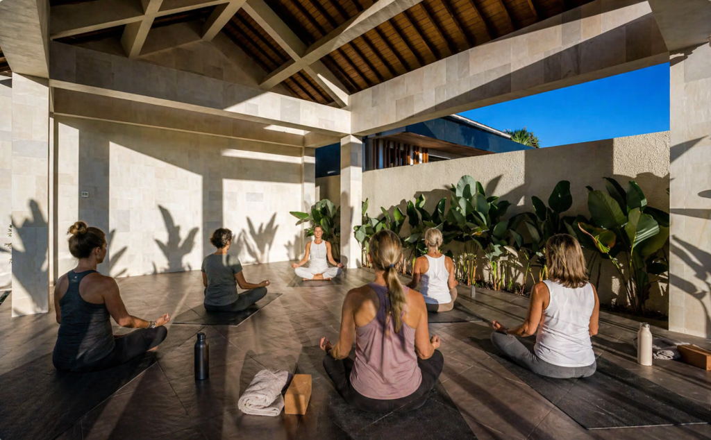 Middle-aged women practicing yoga and meditation in an open-air Bali villa pavilion with tropical plants and morning sunlight