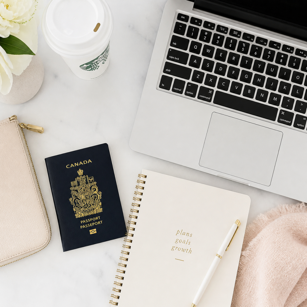 Travel ready business checklist for women entrepreneurs — passport laptop and coffee flat lay
