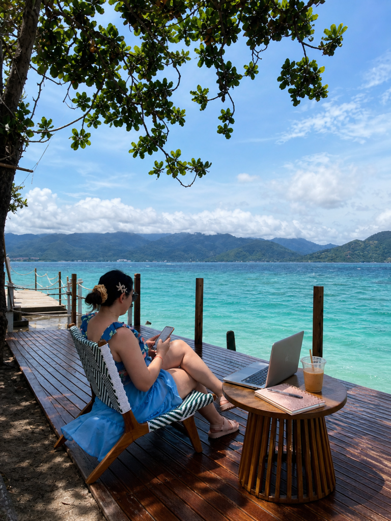 A woman in a blue dress, hair up with a claw clip, sitting in a woven chair on a wooden deck over turquoise tropical water. She is looking at her phone. Nearby are a laptop, notebook, pen, and iced coffee on a side table. This represents remote work freedom and a travel-ready business.