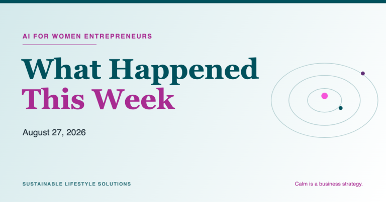 Featured graphic reading AI for Women Entrepreneurs, What Happened This Week, August 27 2026, in teal and magenta on a soft mist background.