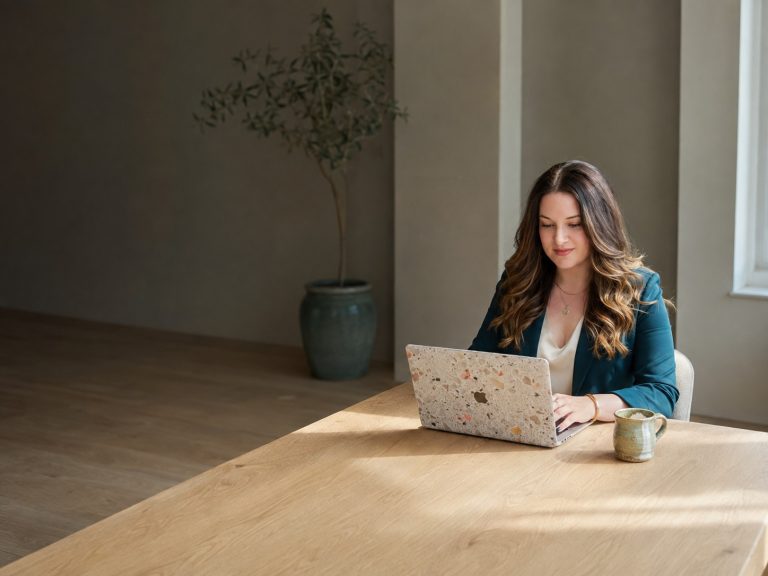 Marybeth Welty in a deep teal blazer working at a long oak table in a calm, light-filled room, seen from across the space.