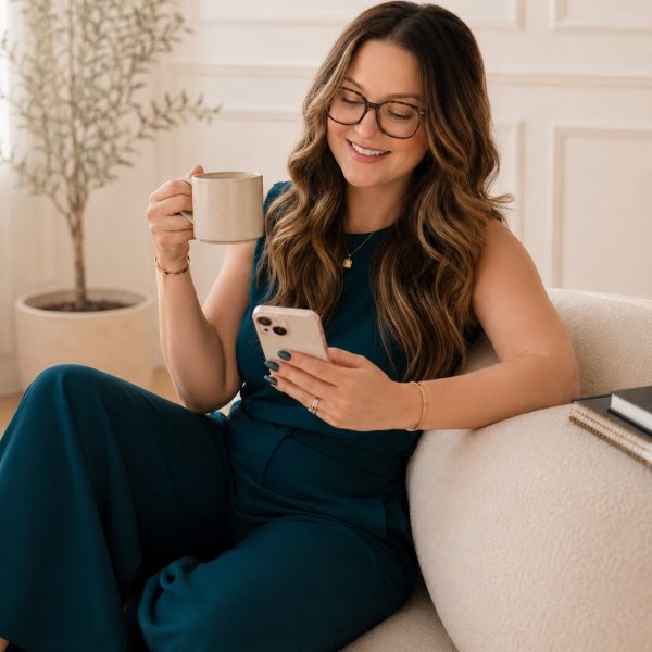 Marybeth Welty wearing glasses, holding a mug and her phone, seated in a bright room mid conversation.