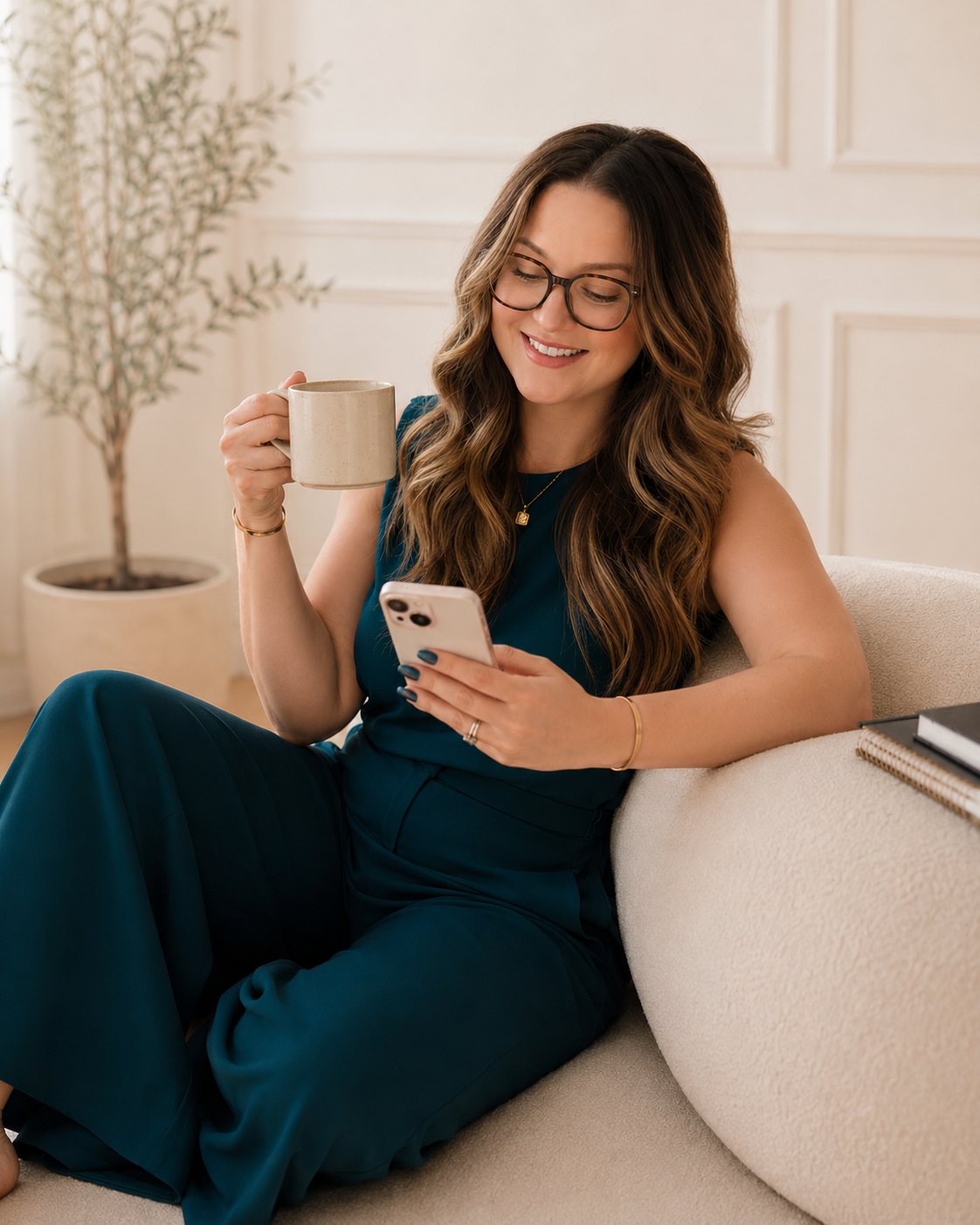 Marybeth Welty wearing glasses, holding a mug and her phone, seated in a bright room mid conversation.
