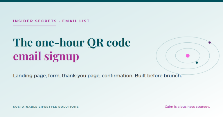 Branded title graphic reading The one-hour QR code email signup, covering how to collect emails at an in-person networking event using a QR code and landing page.